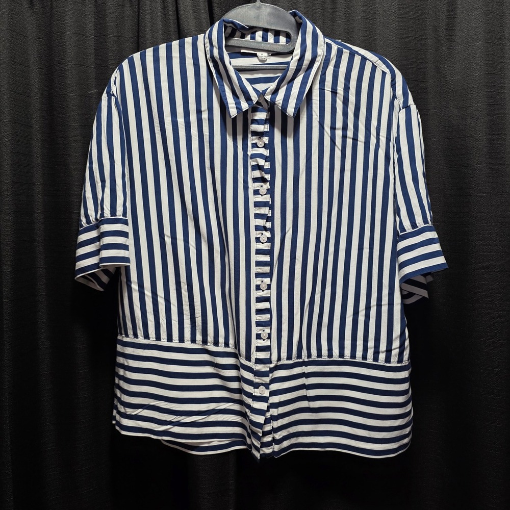 Jane + Delancey Navy White Striped Ruffle Button Down Short Sleeve‎ Shirt Mens M